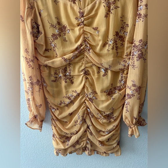 Vici Collection Floral Ruched Long Sleeve Minidress In Mustard Size Medium - Picture 6 of 10